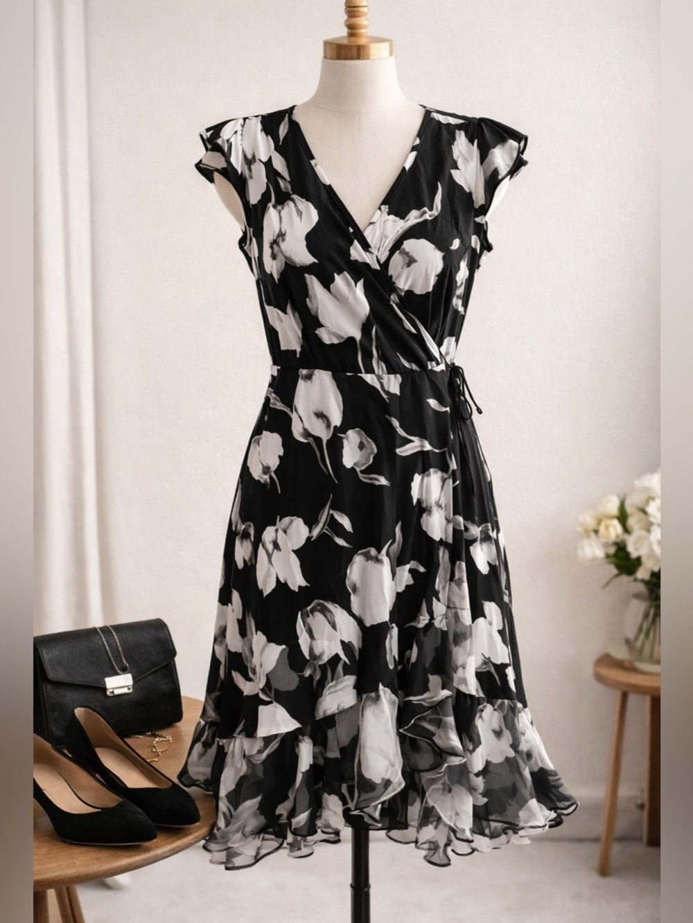 SOLD - White House Black Market Floral faux Wrap Dress Chiffon Ruffle Hem